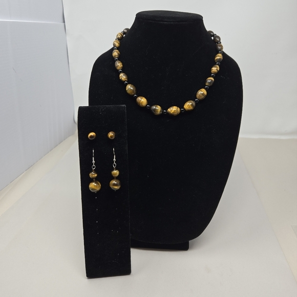 Vintage Tiger Eyes Necklace-2 Pairs of Pierced Earrings Fashionable Brown Swirls - Picture 2 of 11